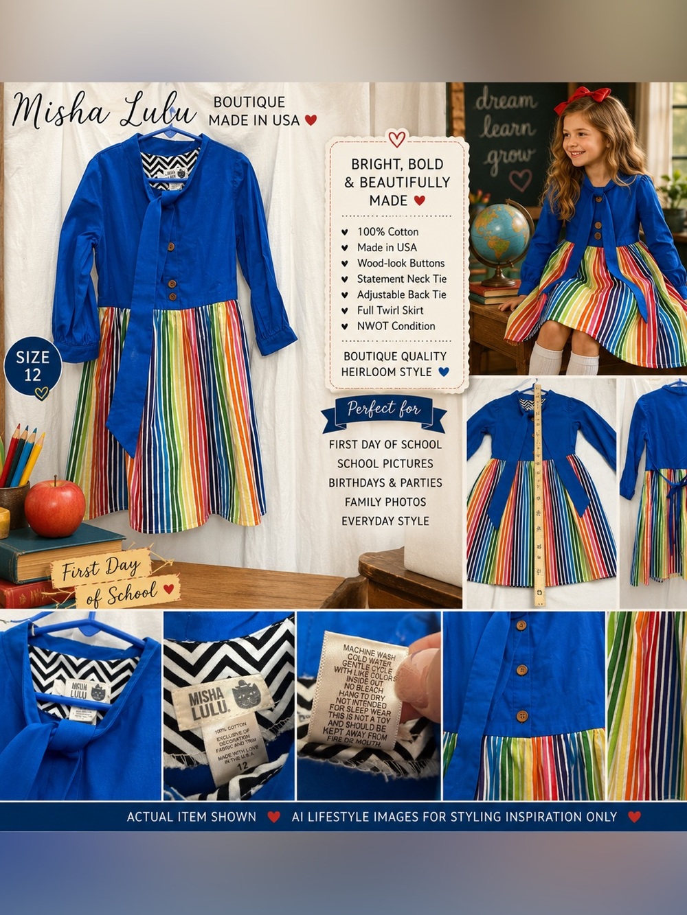NWOT Misha Lulu Girls 12 Rainbow Twirl Dress USA Boutique School & Fall Photos